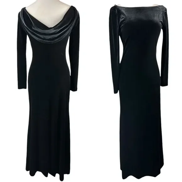 Vtg Lauren Ralph Lauren Velvet Black Maxi Dress Drape Back Evening Gown Medium - Picture 2 of 15